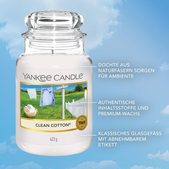 Yankee Candle Duftkerze im Glas (groß) | Clean Cotton | Kerze mit langer Brenndauer bis zu 150 Stunden