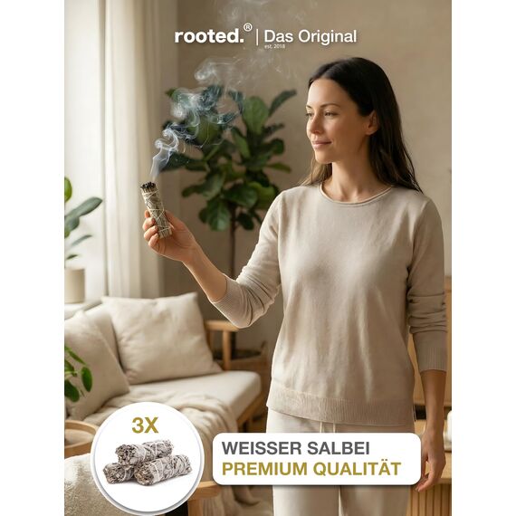 rooted.® | Das Original | Weißer Salbei | 3 Bündel kallifonirscher Salbei | Premium Smudge Sticks | Indianischer Räuchersalbei | 100% kontrollierte und nachhaltige Ernte