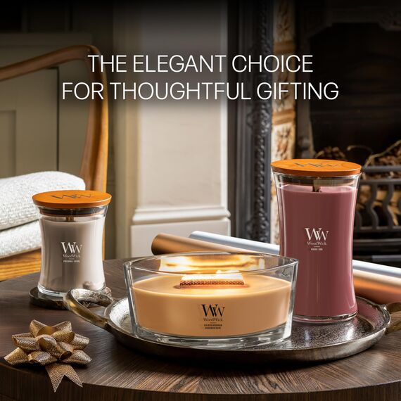 WoodWick Duftkerze mit knisterndem Docht | Mittelgroße Sanduhr-Kerze Golden Bourbon | Lang brennende Kerzen: bis zu 60 Stunden | Perfekte Geschenke für Frauen