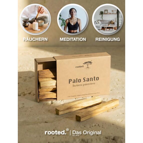 rooted.® Das Original Palo Santo - Indianisches [RÄUCHERHOLZ] aus Peru - Heiliges Holz -100% kontrollierte und nachhaltige Ernte - Meditation und Reinigungsrituale