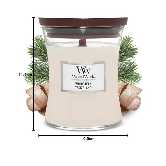 WoodWick mittelgroße Duftkerze im Sanduhrglas mit knisterndem Docht | White Teak | Brenndauer bis zu 60 Stunden