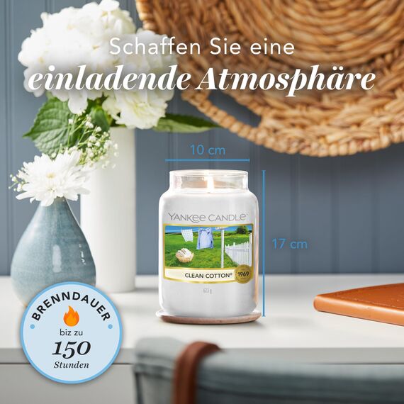Yankee Candle Duftkerze im Glas (groß) | Clean Cotton | Kerze mit langer Brenndauer bis zu 150 Stunden