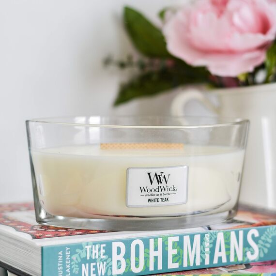 WoodWick Ellipse Duftkerze | White Teak | mit knisterndem Docht | Brenndauer: bis zu 50 Stunden