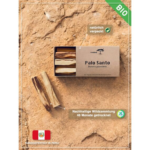 rooted.® Das Original Palo Santo - Indianisches [RÄUCHERHOLZ] aus Peru - Heiliges Holz -100% kontrollierte und nachhaltige Ernte - Meditation und Reinigungsrituale