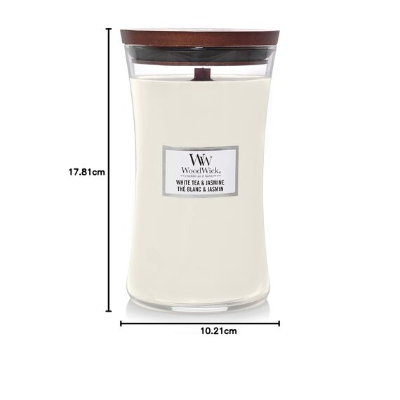WoodWick Große Sanduhr-Duftkerze | White Tea & Jasmine | mit knisterndem Docht | Brenndauer: bis zu 130 Stunden