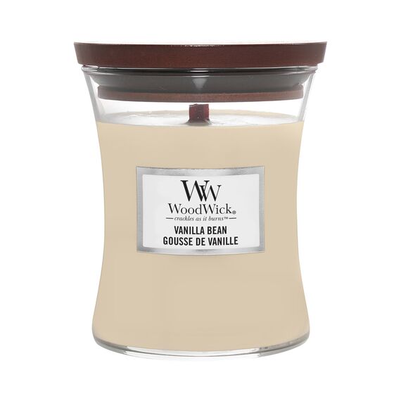 WoodWick mittelgroße Duftkerze im Sanduhrglas mit knisterndem Docht | Vanilla Bean | Brenndauer bis zu 60 Stunden