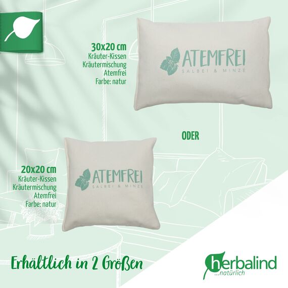 Herbalind Kräuterkissen Atemfrei Deko Kissen mit Füllung - Erkältungskissen Salbei Minze ohne Chemie - Bezug 100% Baumwolle 20x20 cm, als Hausmittel bei Erkältung, Duftkissen, Schlafkissen