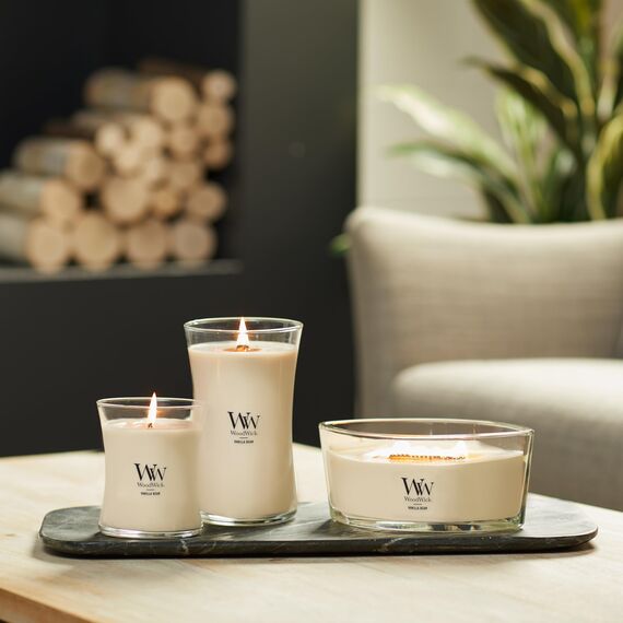 WoodWick Große Duftkerze im Sanduhrglas mit knisterndem Docht | Vanilla Bean | bis zu 130 Stunden Brenndauer