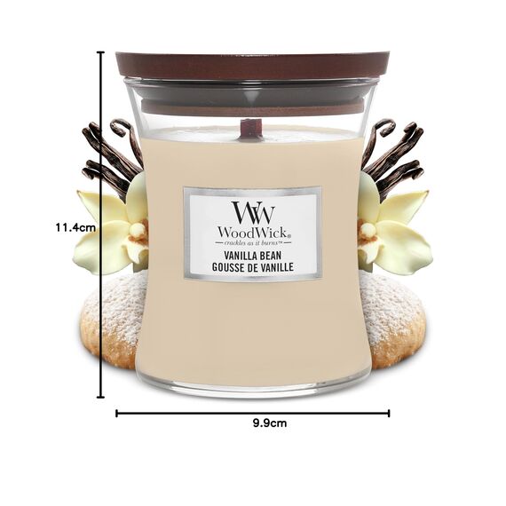 WoodWick mittelgroße Duftkerze im Sanduhrglas mit knisterndem Docht | Vanilla Bean | Brenndauer bis zu 60 Stunden