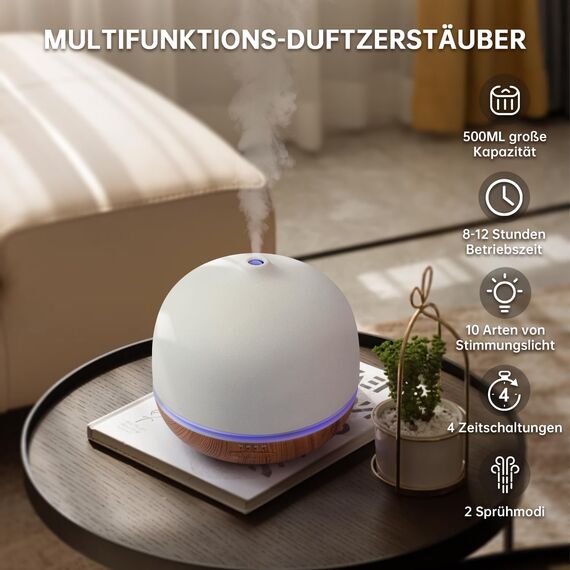 JESMAY Aroma Diffuser Keramik 500ml Premium Ultraschall Luftbefeuchter Diffusor für Ätherische Öle Timer-Einstellung & 10-Farben-LED BPA-Frei Diffuser Weiß für Schlafzimmer Wohnzimmer Büro Yoga