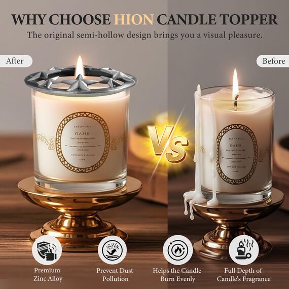 Hion Illuma Lid Kerzendeckel Aufsatz für Duftkerzen, Elegant geschnitztem Kerzenzubehör Metall Scented Candle Topper, Weihnachtsdeko Geschenk hilft der Kerze gleichmäßig zu brennen (Stern Silber)