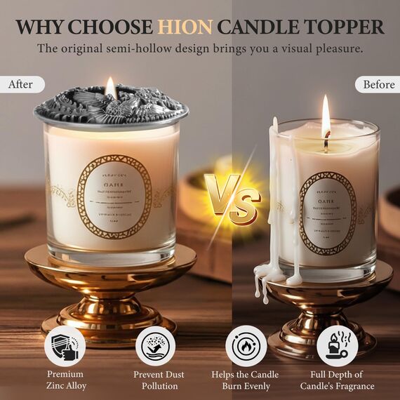 Hion Illuma Lid Kerzendeckel Aufsatz für Duftkerzen, Elegant geschnitztem Kerzenzubehör Metall Scented Candle Topper, Weihnachtsdeko Geschenk hilft der Kerze gleichmäßig zu brennen (Phönix Gold)