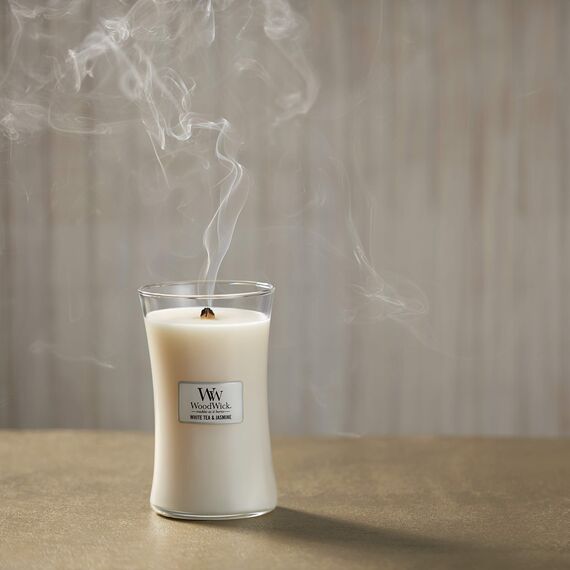 WoodWick Große Sanduhr-Duftkerze | White Tea & Jasmine | mit knisterndem Docht | Brenndauer: bis zu 130 Stunden