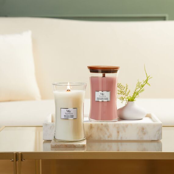WoodWick Große Sanduhr-Duftkerze | White Tea & Jasmine | mit knisterndem Docht | Brenndauer: bis zu 130 Stunden