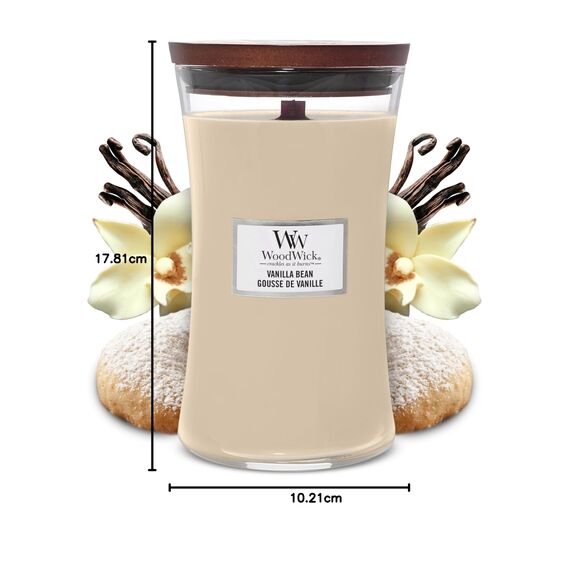 WoodWick Große Duftkerze im Sanduhrglas mit knisterndem Docht | Vanilla Bean | bis zu 130 Stunden Brenndauer