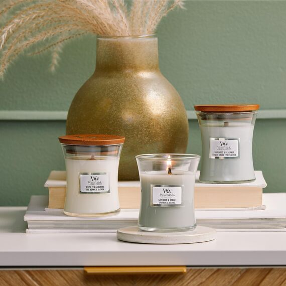 WoodWick Hourglass mittelgroße Duftkerze mit PlusWick Innovation, Seaside Mimosa