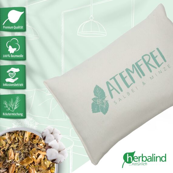 Herbalind Kräuterkissen Atemfrei Deko Kissen mit Füllung - Erkältungskissen Salbei Minze ohne Chemie - Bezug 100% Baumwolle 30x20 cm, als Hausmittel bei Erkältung, Duftkissen, Schlafkissen