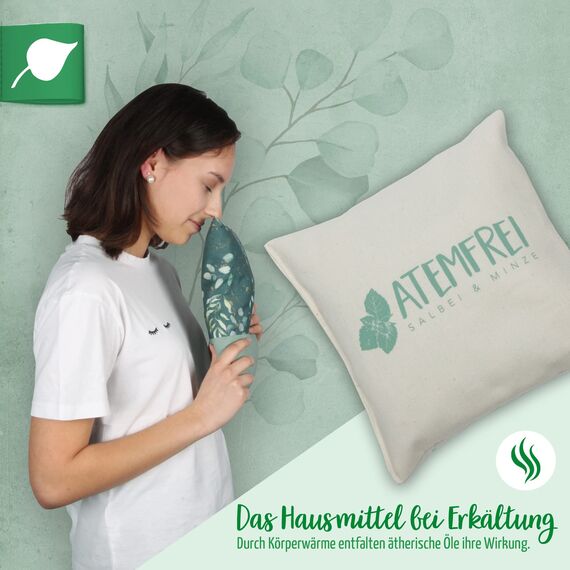 Herbalind Kräuterkissen Atemfrei Deko Kissen mit Füllung - Erkältungskissen Salbei Minze ohne Chemie - Bezug 100% Baumwolle 20x20 cm, als Hausmittel bei Erkältung, Duftkissen, Schlafkissen