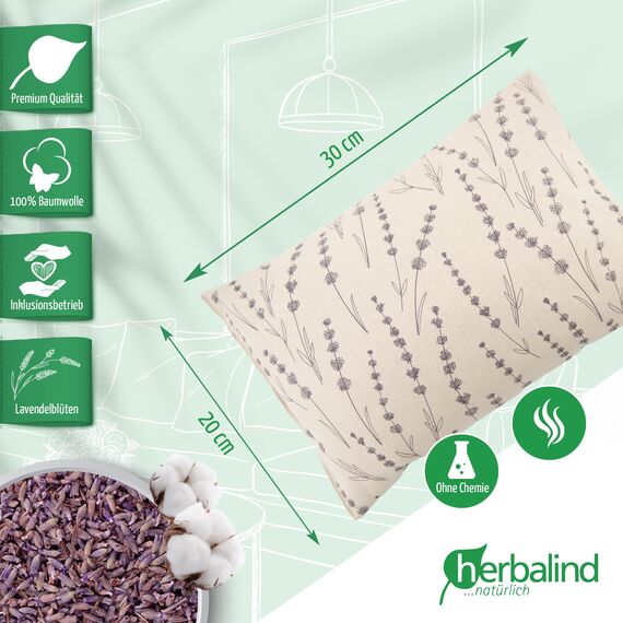 Herbalind Lavendelkissen Floral Allover 30x20 cm in Natur – Duftkissen mit Lavendel und Schafschurwolle – Baumwollbezug mit floraler Musterung – Handarbeit Made in Germany