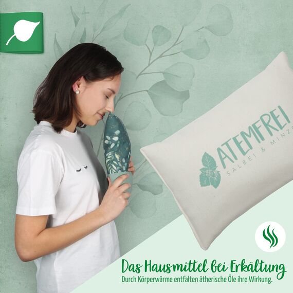 Herbalind Kräuterkissen Atemfrei Deko Kissen mit Füllung - Erkältungskissen Salbei Minze ohne Chemie - Bezug 100% Baumwolle 30x20 cm, als Hausmittel bei Erkältung, Duftkissen, Schlafkissen