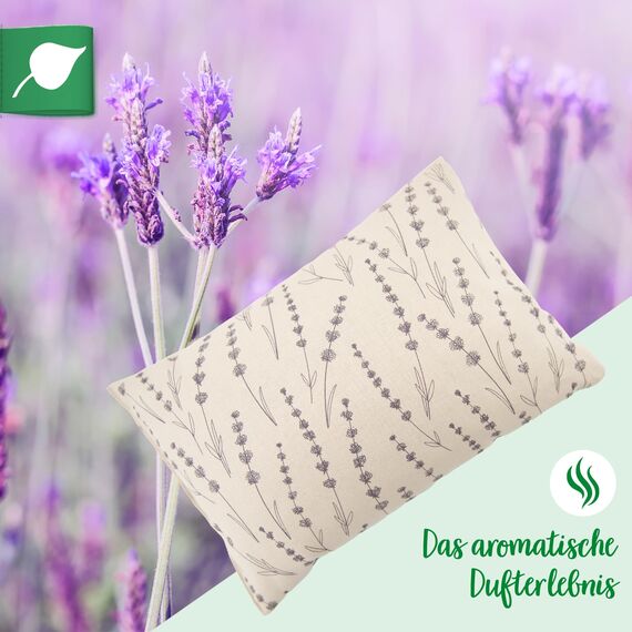 Herbalind Lavendelkissen Floral Allover 30x20 cm in Natur – Duftkissen mit Lavendel und Schafschurwolle – Baumwollbezug mit floraler Musterung – Handarbeit Made in Germany