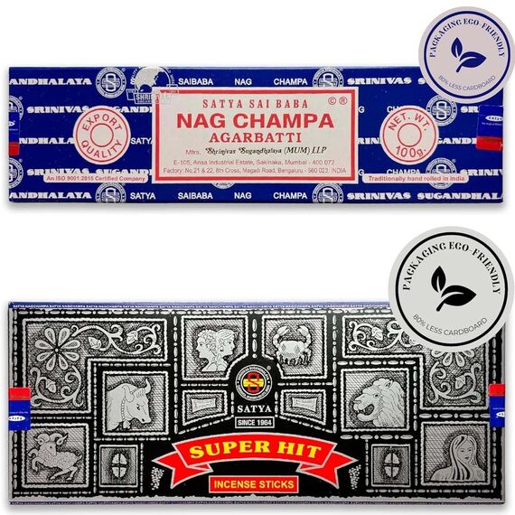 LAMARE Räucherstäbchen-Packung Satya Nag Champa 100 g + Super Hit 100 g (zwischen 70 und 80 Stäbchen jeder Duftrichtung) – Aromatherapie – Meditation – Yoga – umweltfreundliche Verpackung
