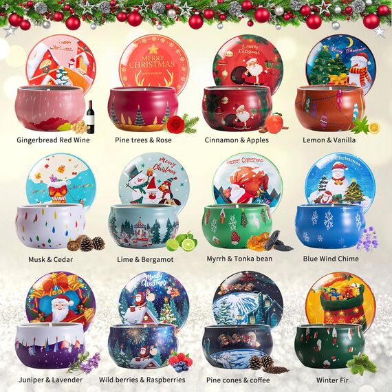 12 Stück Weihnachts-Duftkerzen, Geschenke für Frauen, Sojawachskerzen mit ätherischen Ölen, Aromatherapie-Kerzen für Zuhause, Stressabbau, Bad, Yoga, Weihnachten, Erntedankgeschenk