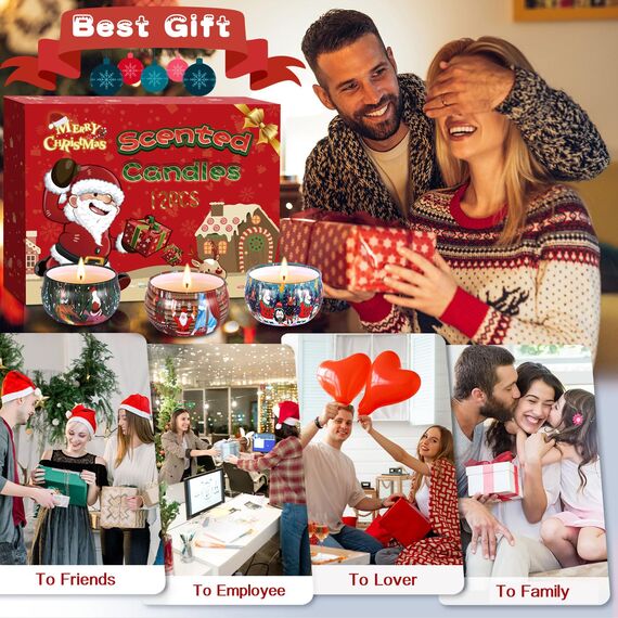 ZHHGOO Duftkerze Set,Christmas Scented Candle Set,Natürliches Sojawachs Kerzen Set,Aromatherapie Kerzen Weihnachtskerzen-Set Aroma Kerzen für Stressabbau,Weihnachten,Geburtstag (12 Stück)