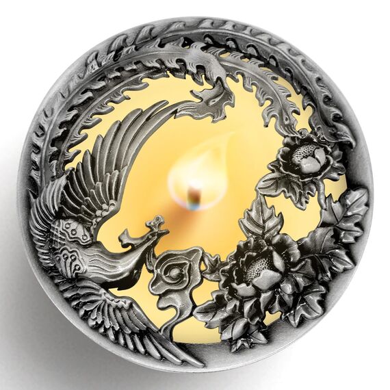 Hion Illuma Lid Kerzendeckel Aufsatz für Duftkerzen, Elegant geschnitztem Kerzenzubehör Metall Scented Candle Topper, Weihnachtsdeko Geschenk hilft der Kerze gleichmäßig zu brennen (Phönix Silber)