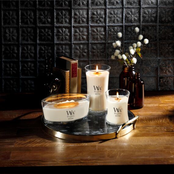 WoodWick Große Duftkerze im Sanduhrglas mit knisterndem Docht | Vanilla Bean | bis zu 130 Stunden Brenndauer