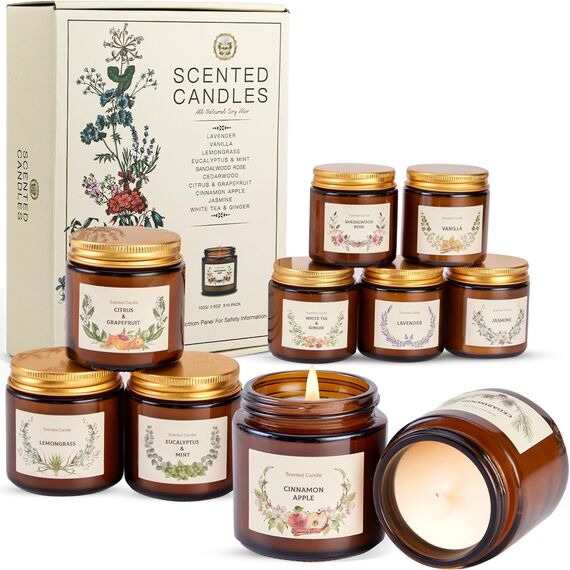 10 Stück Duftkerzen Geschenkset für Frauen, 10 Duft set Duftkerze im Glas,Sojawachs kerze geschenk 10 * 100g,250Std,Stressabbau Aromatherapie Set für Weihnachten Geburtstag Bad Spa Meditation