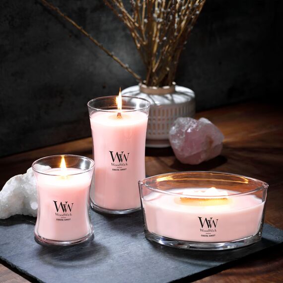 WoodWick ellipsenförmige Duftkerze mit knisterndem Docht | Coastal Sunset | Brenndauer bis zu 50 Stunden