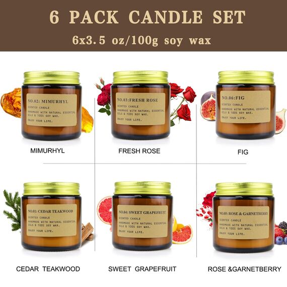 YMing 6Pcs Duftkerzen im Glas, Geburtstagsgeschenk für Frauen 600 g, Brenndauer 150 Std, Natürliches Sojawachs Duftkerze Set für Weihnachten, Bad Spa Meditation