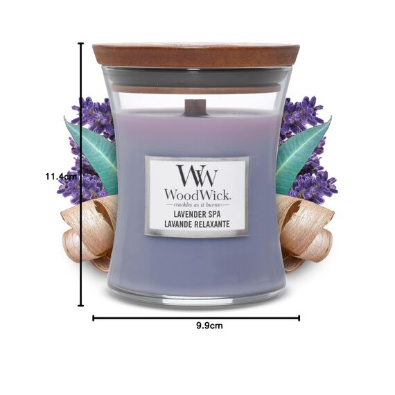 WoodWick mittelgroße Duftkerze im Sanduhrglas mit knisterndem Docht | Lavender Spa | Brenndauer bis zu 60 Stunden