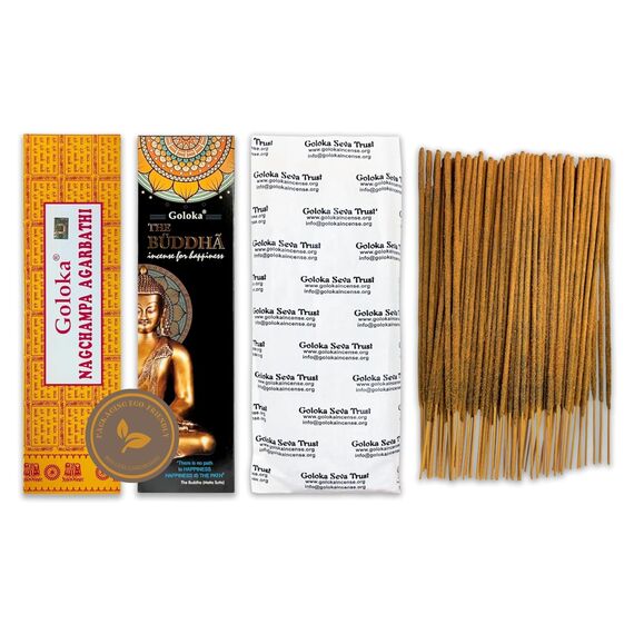Nag Champa Räucherstäbchen 100 g + Buddha 100 g – zwischen 70–90 Stäbchen von jedem Duft – Aromatherapie – Meditation – Yoga – Packaging Eco-Friendly