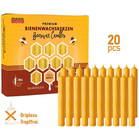 BRUBAKER 20er Pack Baumkerzen 100% Bienenwachs Weihnachtskerzen Pyramidenkerzen Christbaumkerzen Honig-Gelb