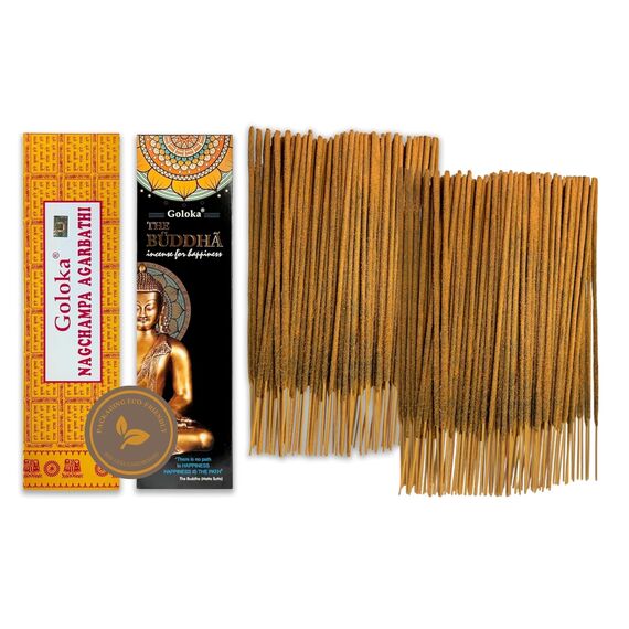 Nag Champa Räucherstäbchen 100 g + Buddha 100 g – zwischen 70–90 Stäbchen von jedem Duft – Aromatherapie – Meditation – Yoga – Packaging Eco-Friendly