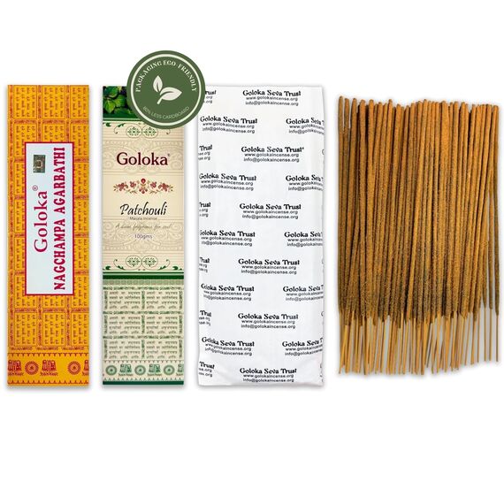 Nag Champa Räucherstäbchen 100 g + Patchouli 100 g – zwischen 70–90 Stäbchen von jedem Duft – Aromatherapie – Meditation – Yoga – Packaging Eco-Friendly