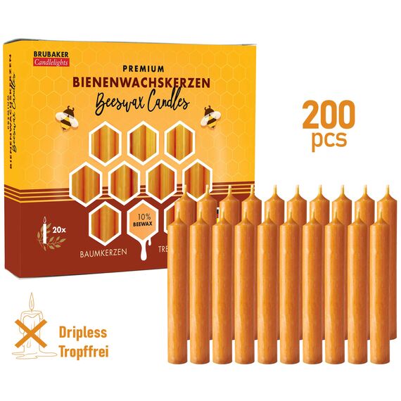 BRUBAKER 200er Pack Baumkerzen 10% Bienenwachs Weihnachtskerzen Pyramidenkerzen Christbaumkerzen Honig-Gelb