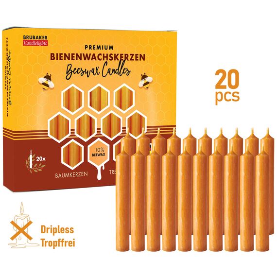 BRUBAKER 20er Pack Baumkerzen 10% Bienenwachs Weihnachtskerzen Pyramidenkerzen Christbaumkerzen Honig-Gelb