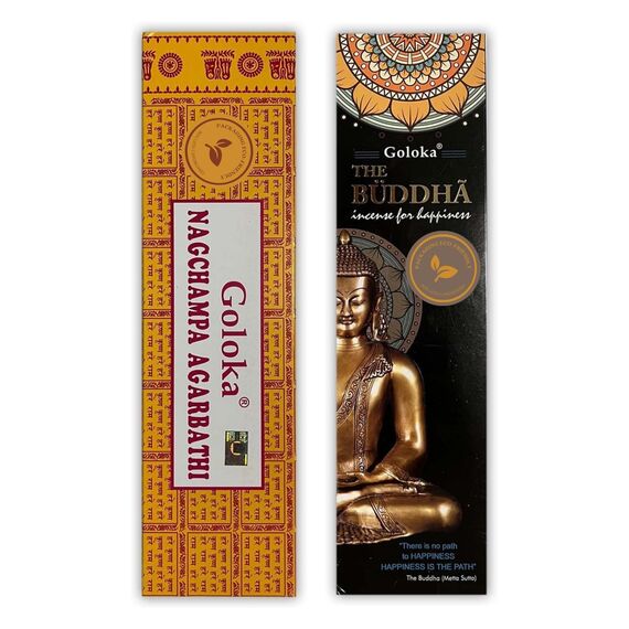Nag Champa Räucherstäbchen 100 g + Buddha 100 g – zwischen 70–90 Stäbchen von jedem Duft – Aromatherapie – Meditation – Yoga – Packaging Eco-Friendly