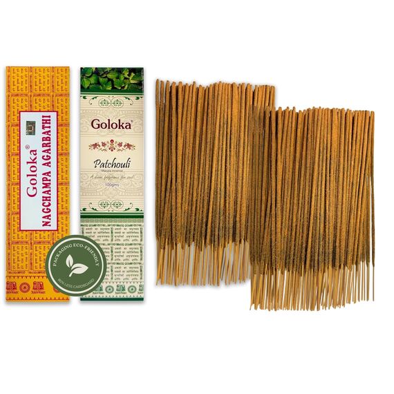 Nag Champa Räucherstäbchen 100 g + Patchouli 100 g – zwischen 70–90 Stäbchen von jedem Duft – Aromatherapie – Meditation – Yoga – Packaging Eco-Friendly
