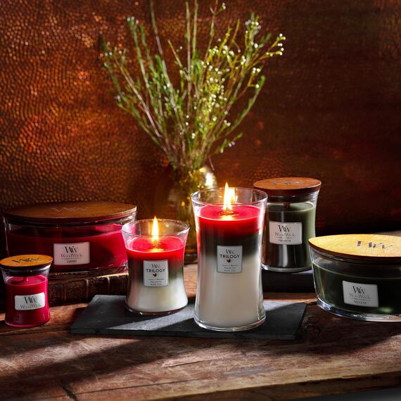 WoodWick mittelgroße Trilogy-Duftkerze im Sanduhrglas mit Pluswick-InnovationSun-Ripened Berries