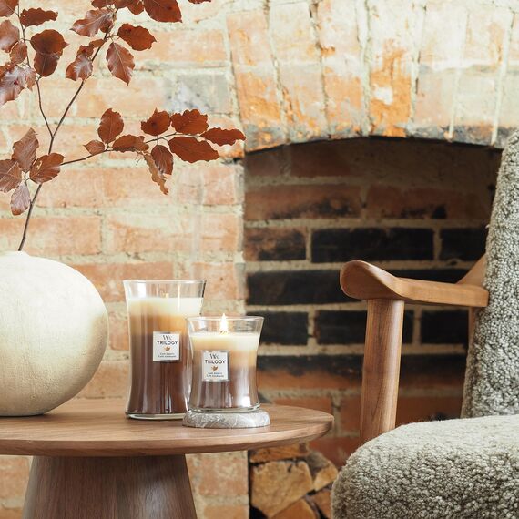 WoodWick mittelgroße Trilogy-Duftkerze im Sanduhrglas mit Pluswick-Innovation, Café Sweets