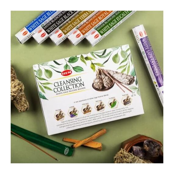 Hem Cleansing Collection White Sage: Blue Sage, Lavender, Holy Grass, Black Sage, Eucalyptus, Royal Sage - Includes Stick Stand