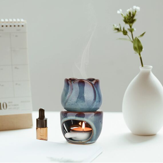 ComSaf Duftlampe für ätherische Öle, mit Teelichtlöffel, Abnehmbarer Aromatherapie-Brenner aus Blauer Keramik, Aroma-Öl-Kerzendiffusor, Duftwachstörtchen für Zuhause, Schlafzimmer, Dekoration