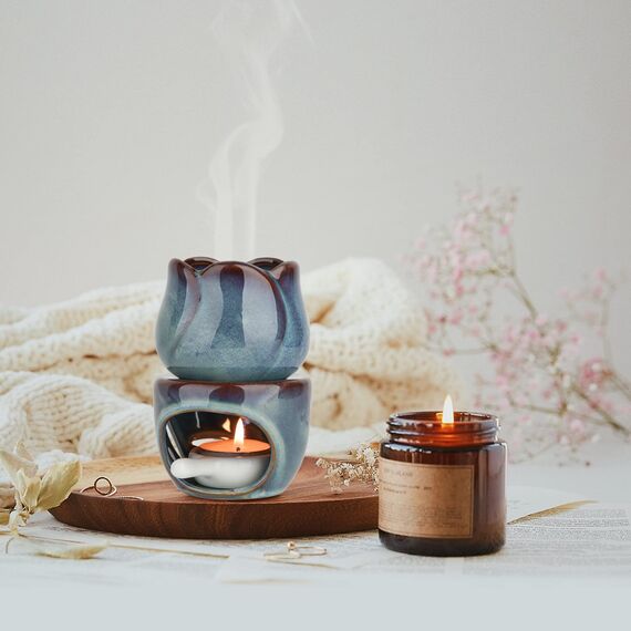 ComSaf Duftlampe für ätherische Öle, mit Teelichtlöffel, Abnehmbarer Aromatherapie-Brenner aus Blauer Keramik, Aroma-Öl-Kerzendiffusor, Duftwachstörtchen für Zuhause, Schlafzimmer, Dekoration