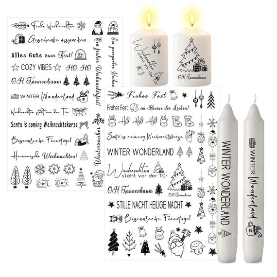 ALLAVA 2 Stück Kerzentattoos Weihnachten, Kerzen Tattoos A4, Wasserschiebefolie Rub on Sticker Weihnachten, Kerzensticker Kerzenfolie für Kerzen oder Keramik Bogen DIY Stickerbogen (Weihnachten A)