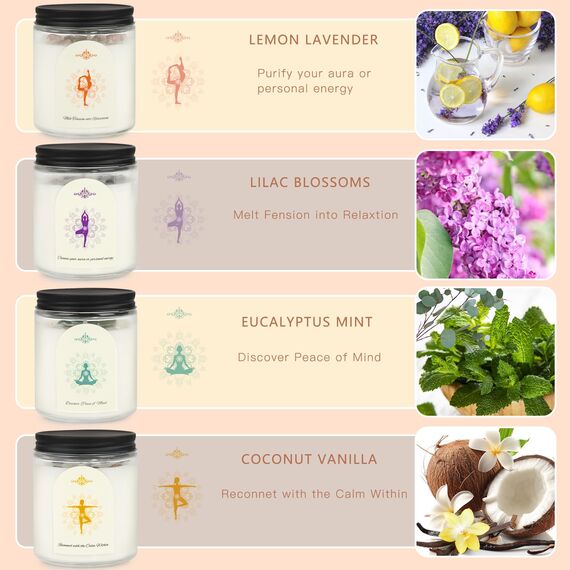 Kristallsteine Duftkerzen für Zuhause Natürliche Sojawachs Kerzen mit 4 Aromen (Kokos, Zitrone, Flieder, Eukalyptus) Rauchfrei + 45-50h Brenndauer im Geschenkset Geschenke für Frauen
