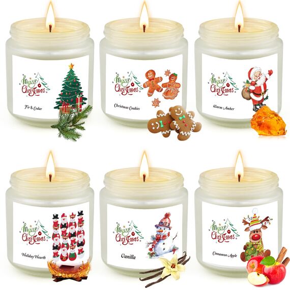 Weihnachtskerzen aus Glas für Frauen,6 Pack Duftkerzen Set,Natürliches Sojawachs,Aromatherapie-Kerzen zum Geburtstag, Kerzen im Weihnachten für Frauen,Männer,Freundinnen,Kollegen
